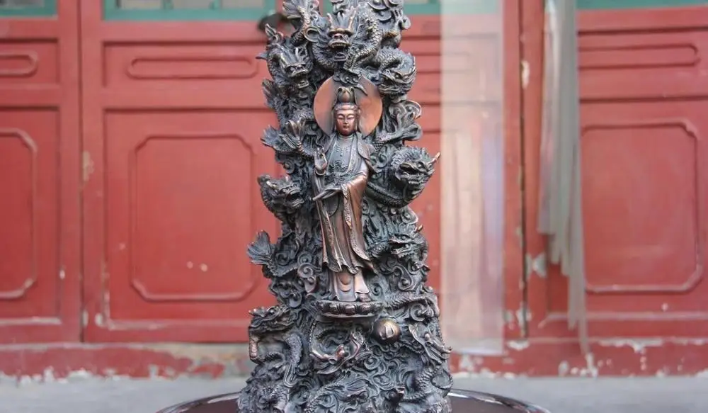 

Copper Bronze Nine Dragon Kwan-yin Guan yin Bodhisattva Goddess Buddha Statue