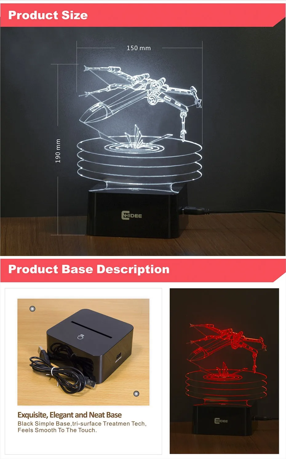 X-Wing Fighter Star Wars Night Lamp 3D Vision Led Nightlights USB Desk Lampara 7 Colors Changing Touch Sensor Luz de Nochev (4)