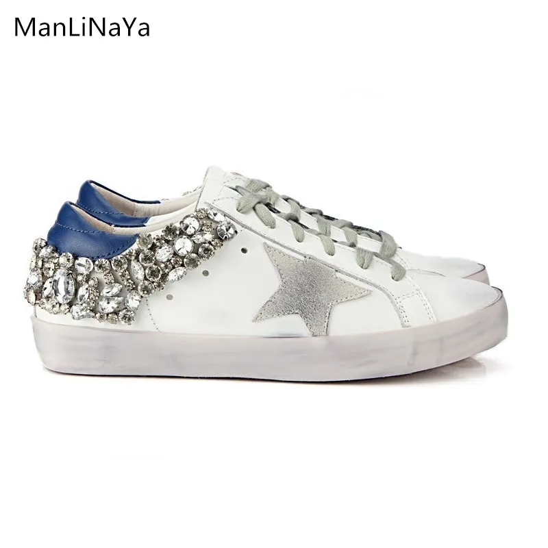 

Fashion women's sports shoes star with shiny beads shoes flat breathable real leather lace retro old dirty women's shoeswomen's