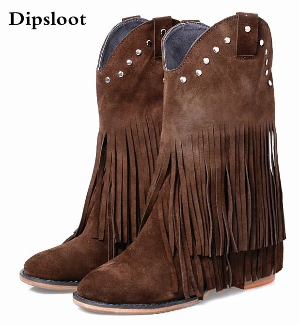 

Winter New High Quality Women Blue Brown Gray Genuine Leather 6 cm Heels Round Toe Rivets Tassels Fringed Mid-calf Short Boots