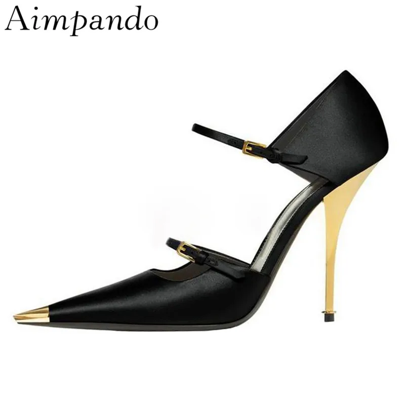 

Fashion Catwalk High Heel Pumps Women Metal Thin Heels Pointed Toe With Metal Decor Studded Buckle Shallow Satin Pumps Women