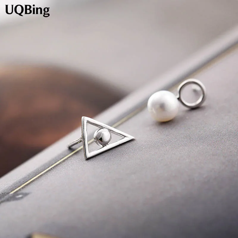 

Free Shipping 925 Sterling Silver Stud Earrings Geometric Triangular Asymmetric Pearl Stud Earrings For Women Beautiful Jewelry