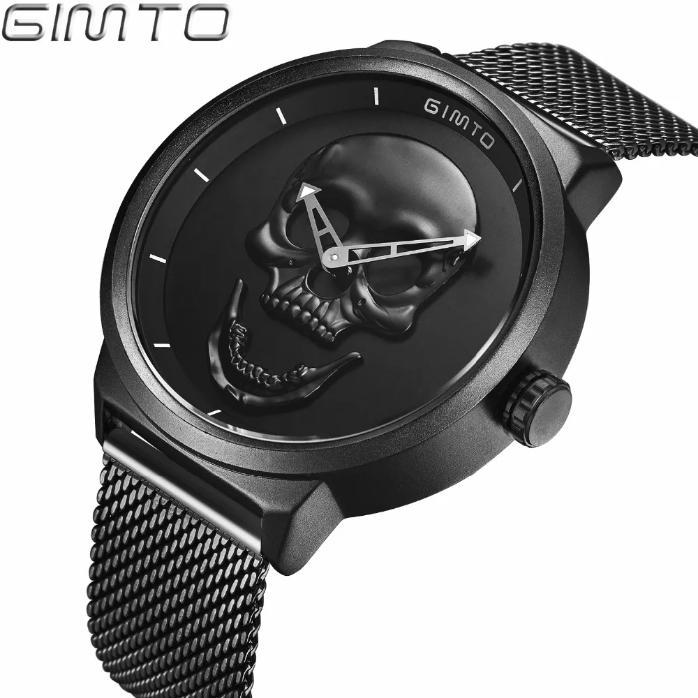 

GIMTO Brand Men's Punk 3D Skull Watch Quartz Waterproof Sports Watch Stainless Steel Mens Watches Chronograph Relogio Masculino