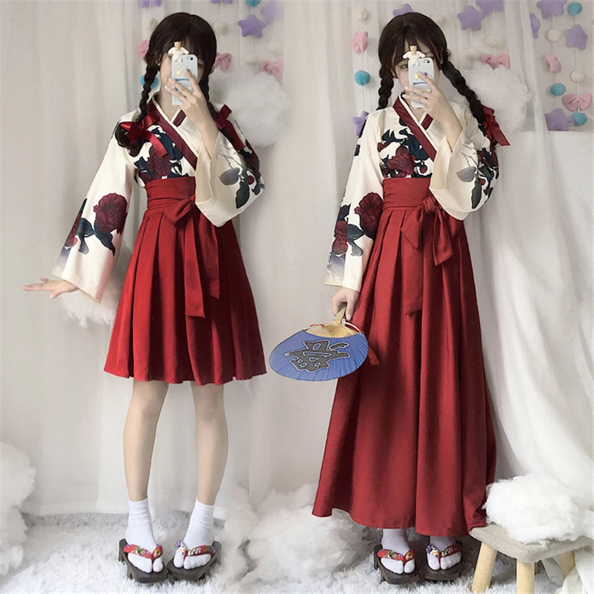 

Japanese Style Kimono Drress for Women Taisho Girl Haori Fashion Floral Print Top and Skirts Outfits Asian Clothes Camellia love