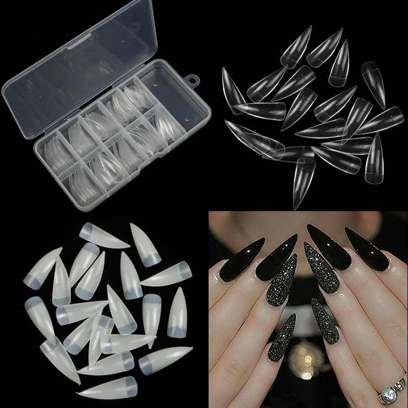 

TKGOES 100Pcs/box Nail Art Natural Half Cover Oval Sharp End Stiletto Long False Fake Nails Tips Manicure Artificial Nails Salon