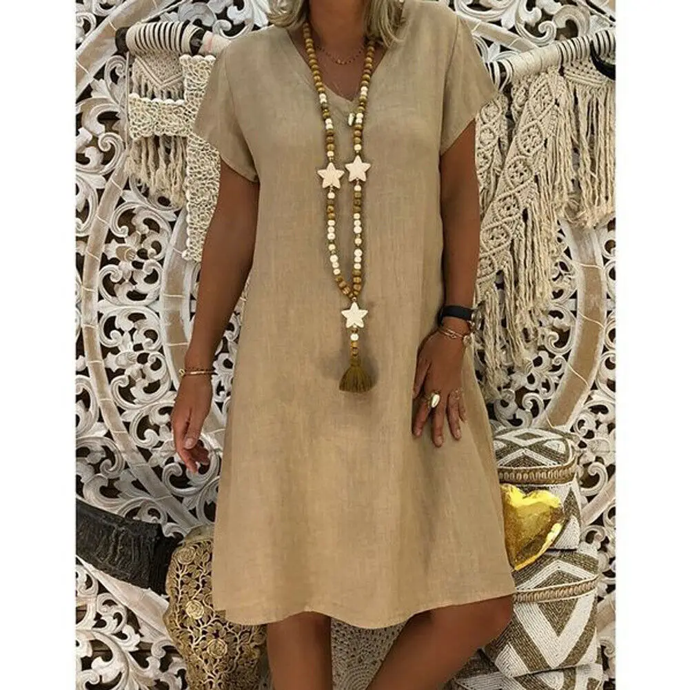 

2019 New Summer Womens Boho Dress Cotton Linen Short Sleeve V-neck Loose Dress Ladies Casual Dress Plus Size S-3XL