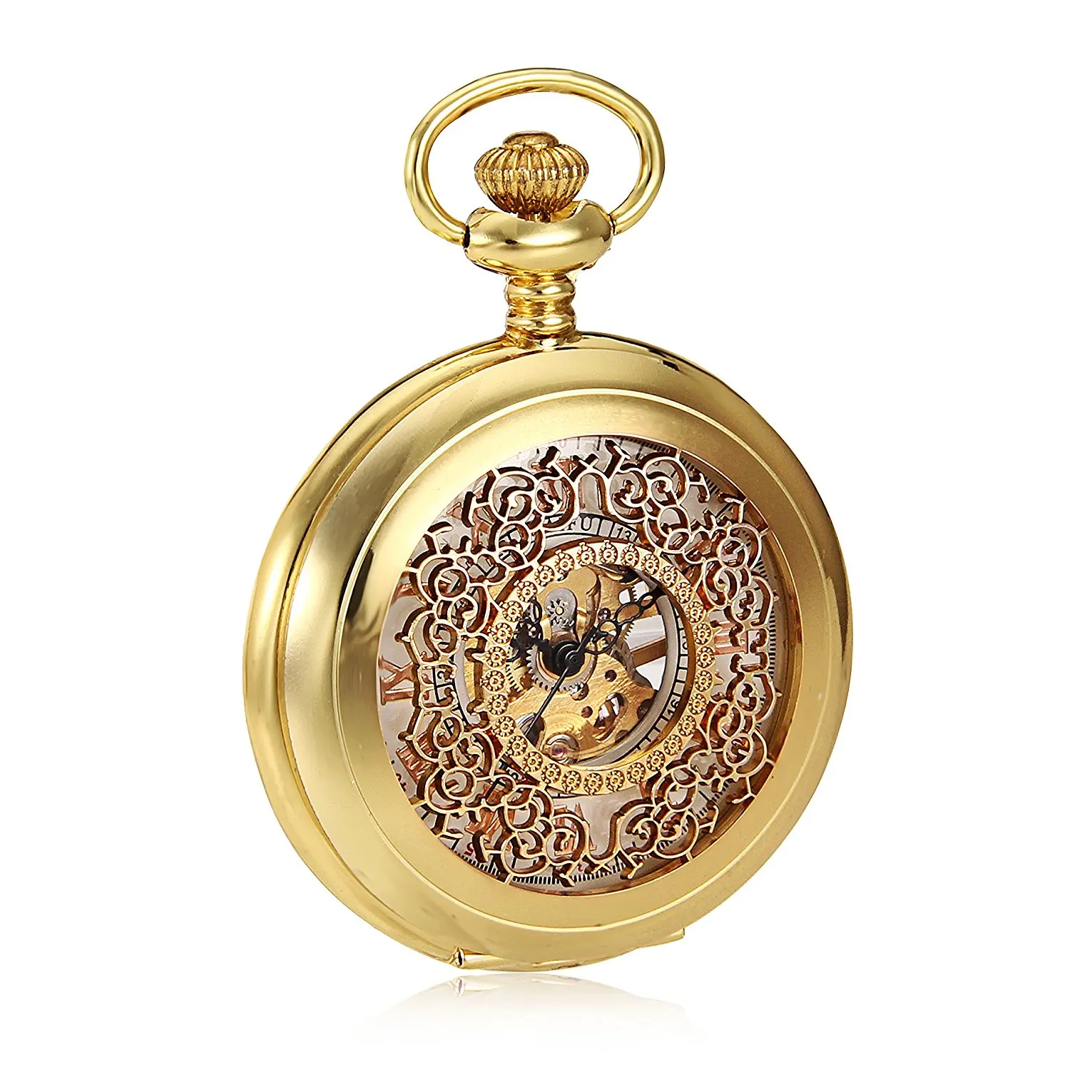 Fashion Classic Retro Hollow Gold White Dial Roman Number Skeleton Hand Winding Mechanical Analog Mens Pocket Watch w/Chain | Наручные