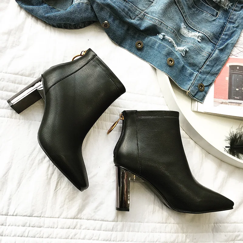 

Brand Square Toe Women Boots Back Zipper High Heels Leather Martin Boots Woman Winter Bota Footwear Ankle Chelsea Botines Brown