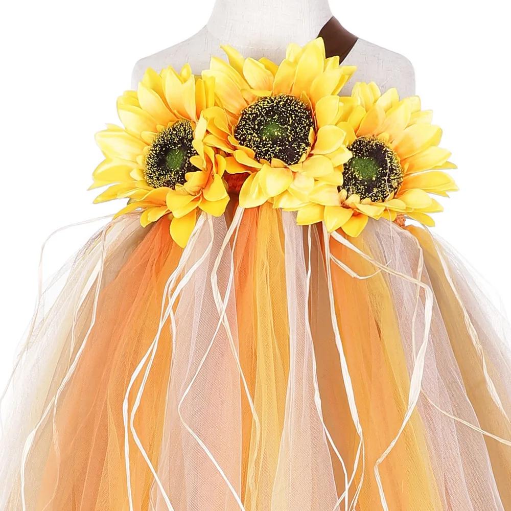 Halloween Scarecrow Costume for Girls Sunflower Dress Ankle Length Pumpkin Thanksgiving Carnival Tutu Dress Ball Gowns Children (4)