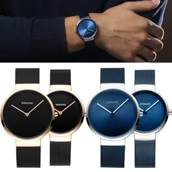 Пара часов ультра-тонкие роскошные для женщин мужчин индивидуальная из нержавеющей стали модные черные синие повседневные наручные часы