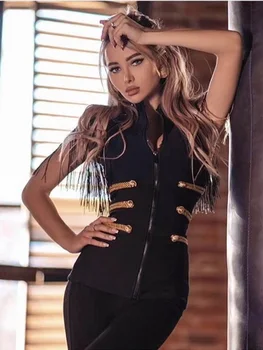 

2019 New Fashion Lady Tops Black Sleeveless Tassel Bandage Top Zipper Sexy V Neck Verano Clubwear Autumn Good Quality Short Coat