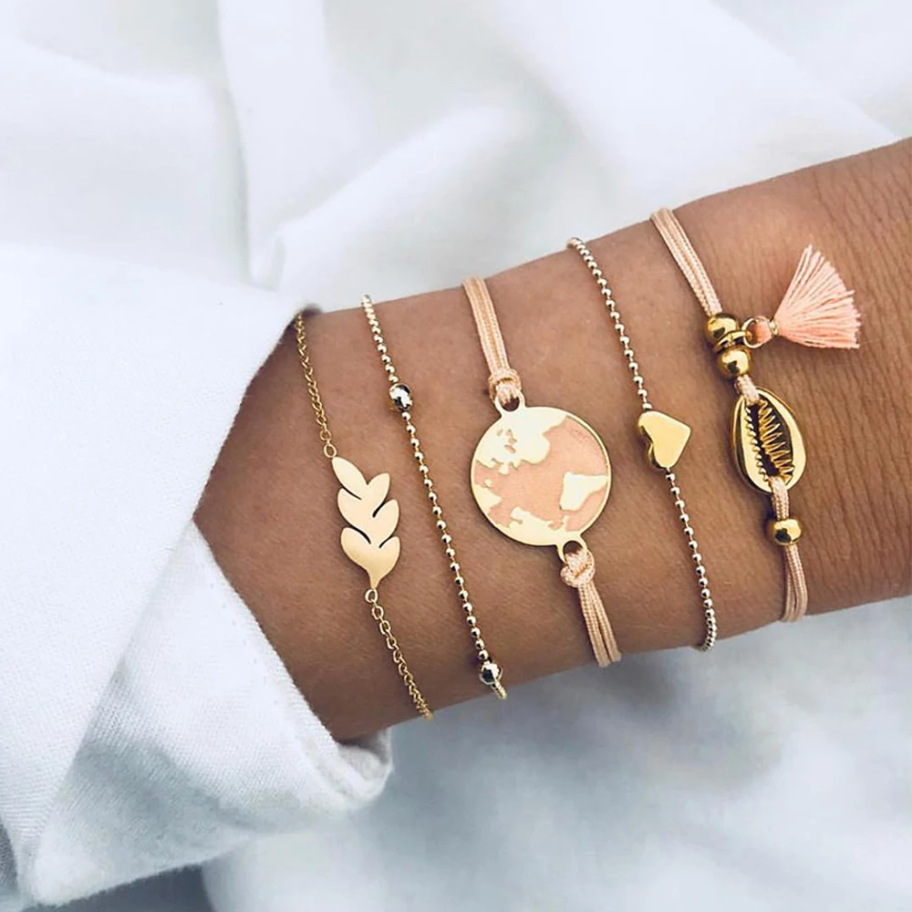 

5 Pcs/set Bohemian Retro Peach Heart Map Leaves Shell Tassel Bracelet Set Women Party Beach Bangle Jewelry Gift
