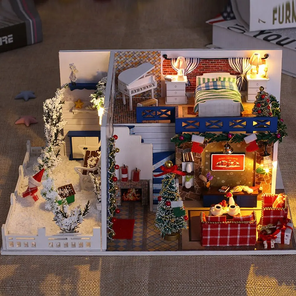 

Unique DIY Doll House Furniture Miniature Dust Cover 3D Wooden Gift Puzzle Toys With LED Light For Children Blue Christmas