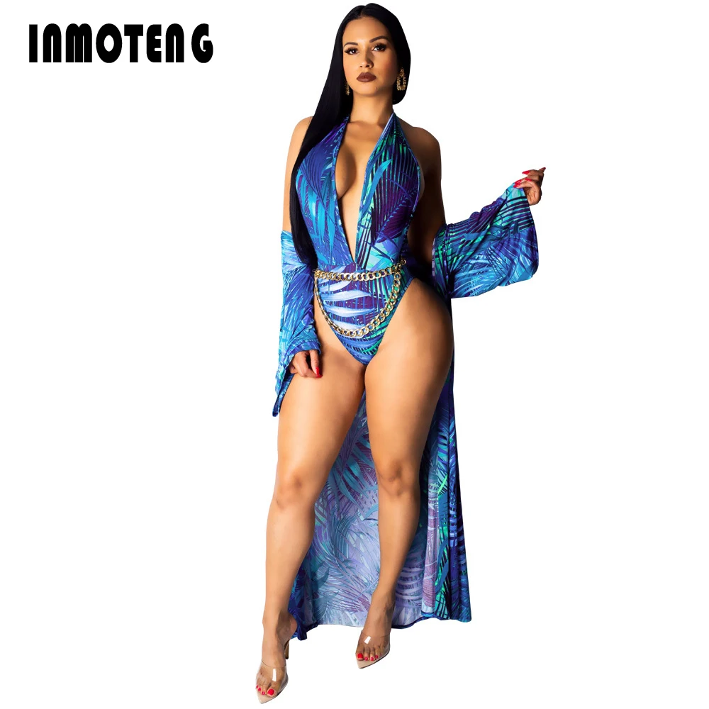 

INMOTENG Sexy Hollow Out Backless Bodsuit Casual Print Halter Sleeveless With Coat Women Summer Beachwear Bathing Rompers
