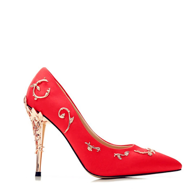 Red Pumps Teahoo/Роскошные Брендовые женские туфли-лодочки с острым носком; свадебные туфли на каблуке с цветочным узором; женские элегантные шелковые брендовые дизайнерские туфли-лодочки на высоком каблуке - Цвет: Red Pumps