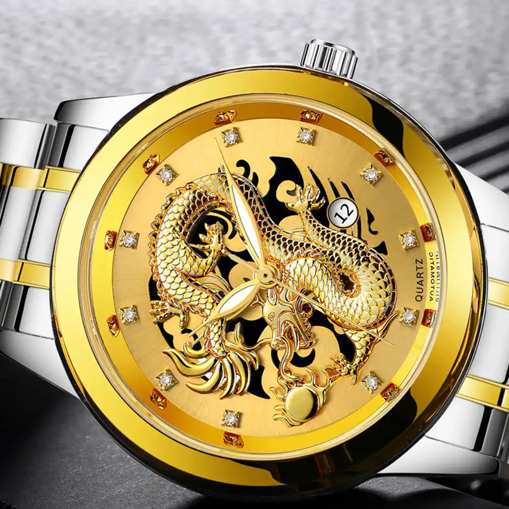 fashion gold dragon sculpture watch men quartz wat
