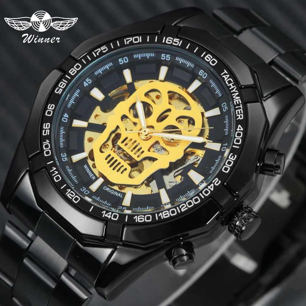 

WINNER Men Auto Mechanical Watch Stainless Steel Skull Desgin Skeleton Dial Male Fashion Wristwatch