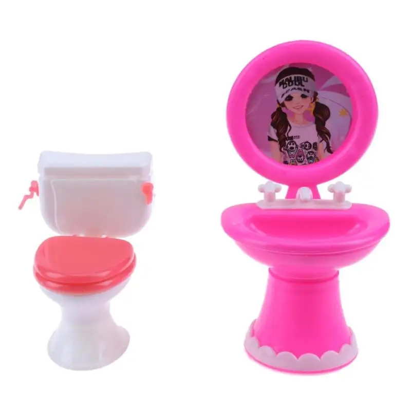 

1 Set Cute Doll Closestool+Washbasin Toilet Wash Devices Dollhouse Furniture Bathroom Set For Barbie and for Kelly doll Lifebuoy