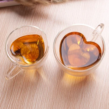 

1 PCS Glass Mug Couple Cups Heart Love Shaped Double Wall Glass Mug Resistant Tea Mug Milk Lemon Juice Cup Drinkware christmas