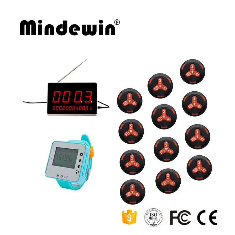 

Mindewin Wireless Restaurant Pager Calling System 1 Watch Guest + 12 Guest Waiting Call Pager Waterproof +1 LED Display Receiver