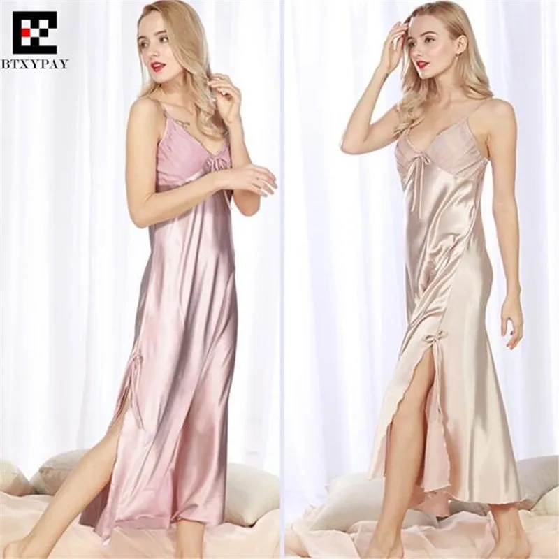 

50p Top-end Women Imitation Silk Nightgown Spring&Summer Lady Home Sleepwear Silky Loose Big Yards Hotel Sleepshirts Sexy Dress