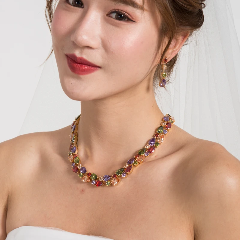

MIEG Beautiful Colorful Cubic Zirconia Crystal Mona Lisa Necklace and Earrings Jewelry Set for Wedding Party