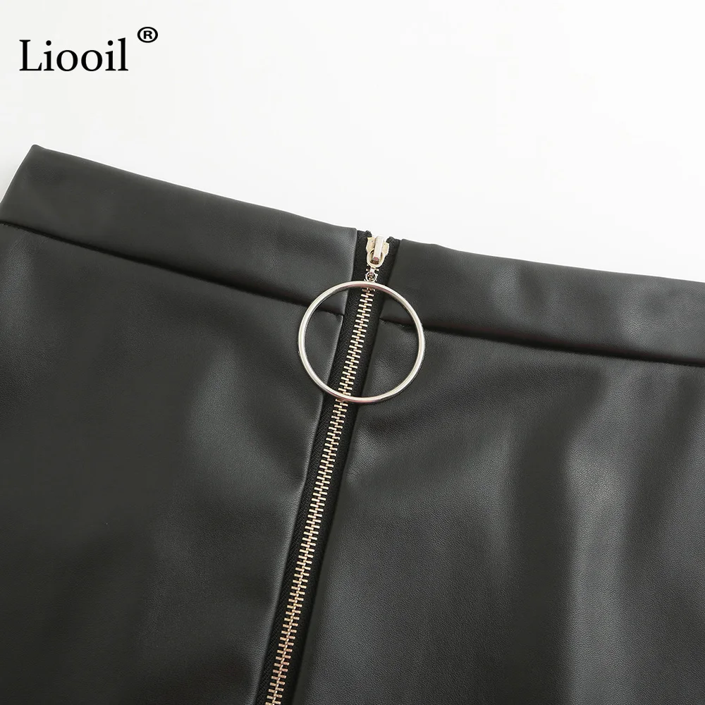 Liooil/пикантная черная кожаная мини-юбка с завышенной талией, облегающая юбка, модные вечерние юбки в стиле пэчворк на молнии, Клубная трапециевидная юбка, женская одежда