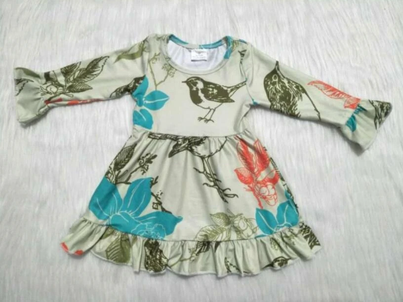 

Fashion flower parrot dress baby girls high quality long sleeve O neck dresses boutique hipster kids children's clothing gxj