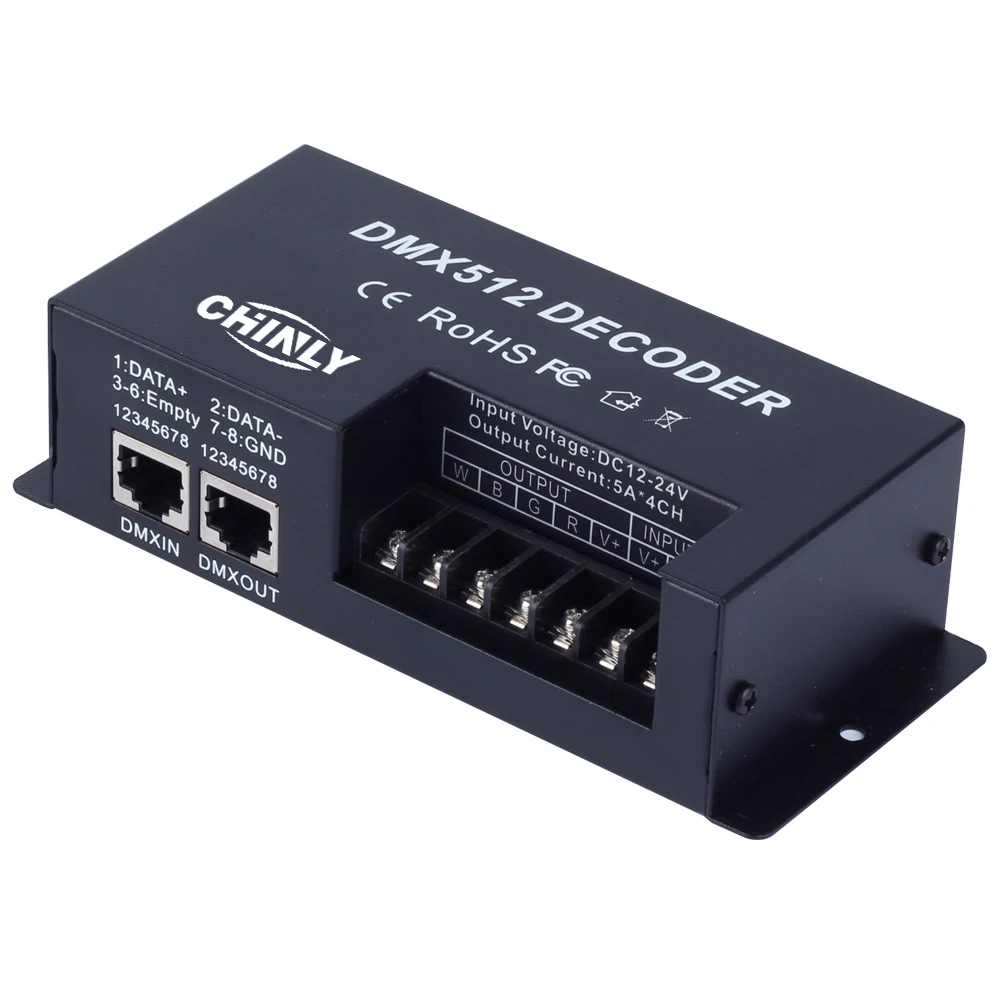 DMX 512 RGBW светодиодный декодер, 4 Каналы RGBW, постоянный диммер, светодиодные полосы света, черная пластиковая коробка, DMX RGB контроллер 5A DC12-24V