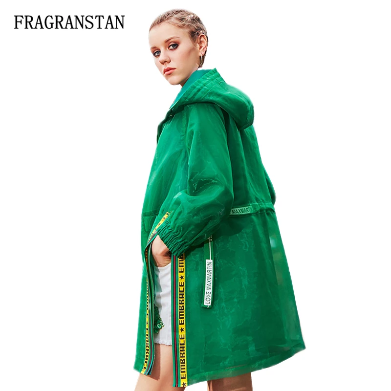 

Women Autumn Hooded Green Long Sleeve Trench Coat Female Letter Print Ribbon Fashion Vestidos Casual Plus Size Outerwear JQ831