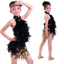 110-130 см дети блесток перо бахрома сценический для девочек соревнование бальный латинский танцевальный костюм платье для танцев