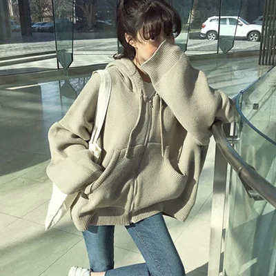 Fashion Korea Loose Sweater Woman New Autumn Simple Solid Color Hooded Knit Cardigan Elegant Bat Sleeve Long Cardigan Coat - Цвет: beige