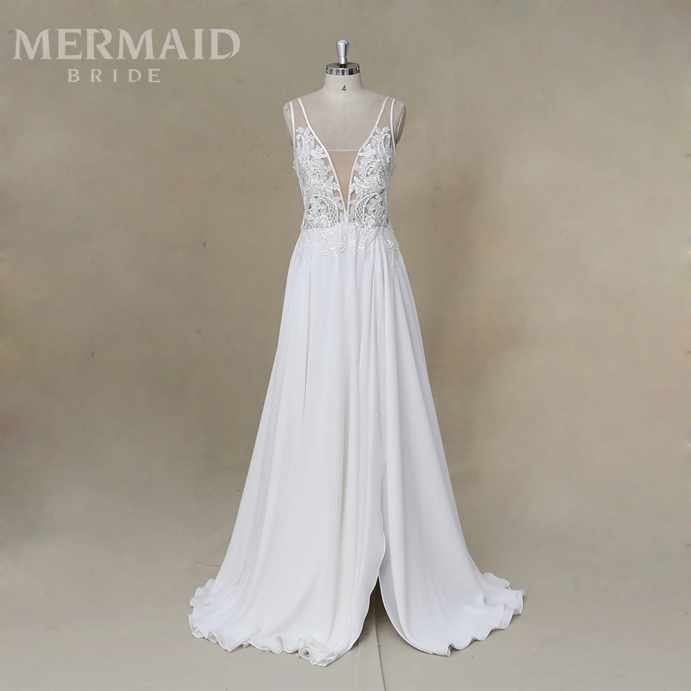 

Sexy Open Back Beaded Lace Beach Outdoor Wedding Dress With Split Skirt