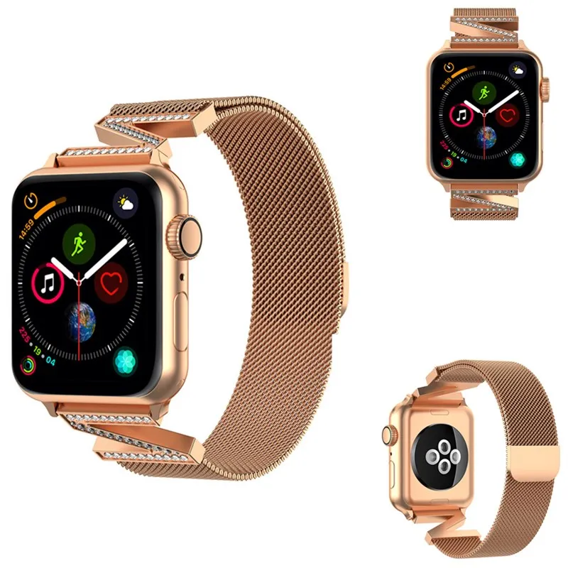 

For Apple Watch 4 Band Z Words Milanese Diamond Stainless Steel Strap Replace Breathable Bracelet for I-Watch Band 38 40 42 44mm