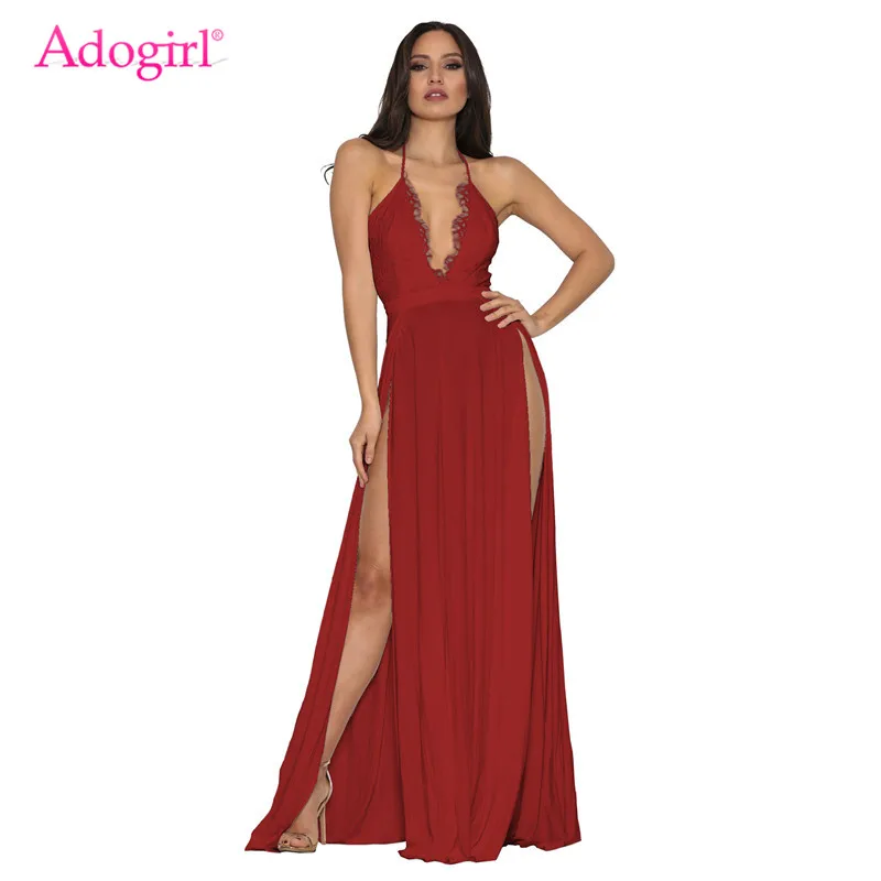 

Adogirl Lace Bodice High Slit Maxi Evening Party Dress Women Sexy Deep V Neck Halter Backless Long Dresses Female Club Vestidos