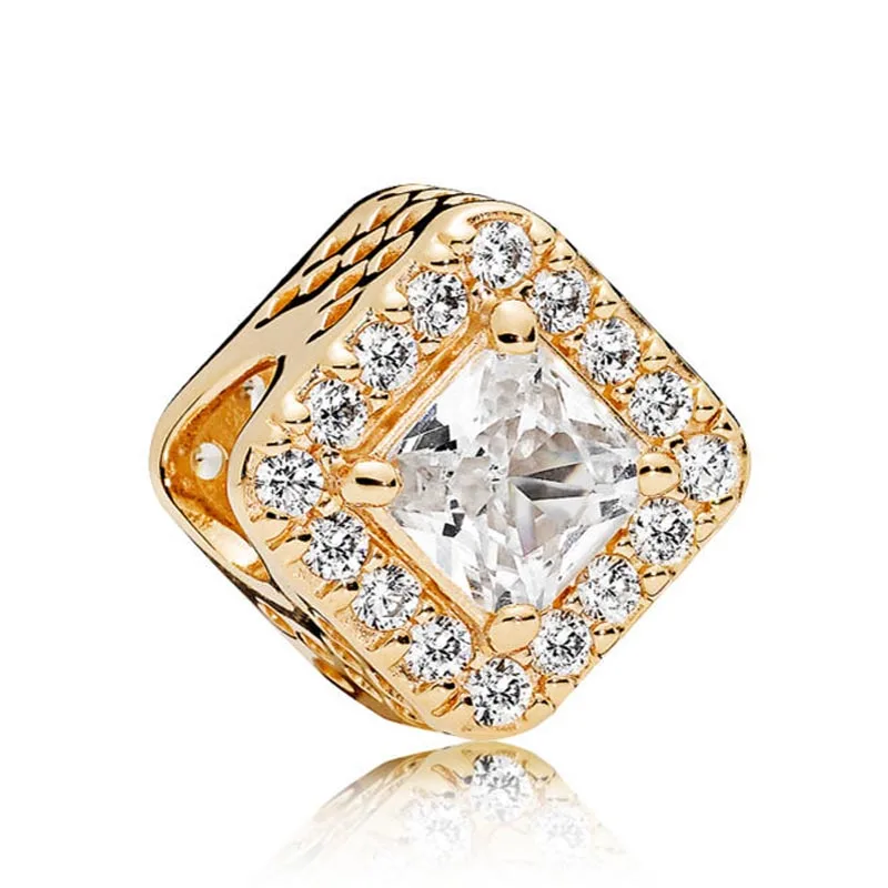 

New 925 Sterling Silver Bead Charm Gold Color Shine Geometric Radiance With Crystal Beads Fit Pandora Bracelet Diy Jewelry