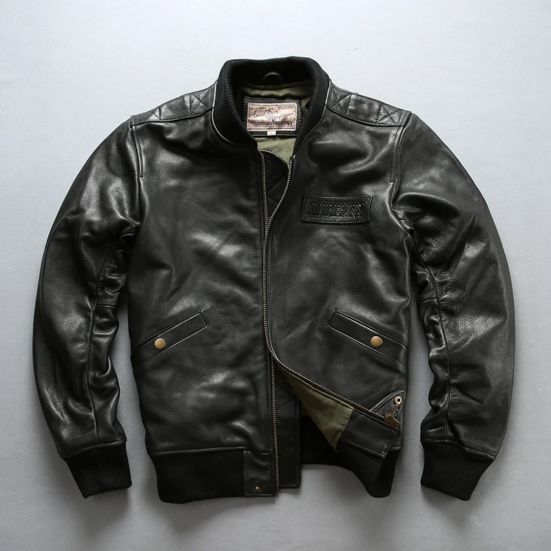 

AVIREX FLY MA 1 baseball jacket black cow leather jacket men slim fit casual leather coat for men calf skin flight jacket male