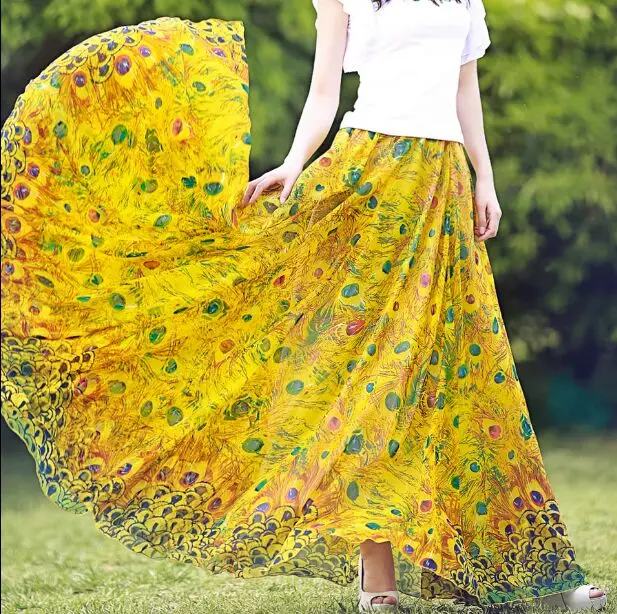 

Custom Made 2019 Women'S Elastic Waist Skirt In Summer High Waist Floral Print Chiffon Skirts Womens Maxi Long Beach Skrit