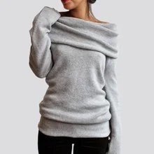 Stylish Women Sweater Elegant Solid Color Slash Collar Long Sleeve Pullover Knitwear For Women stylish chainmail round collar long sleeve sheath dress for women