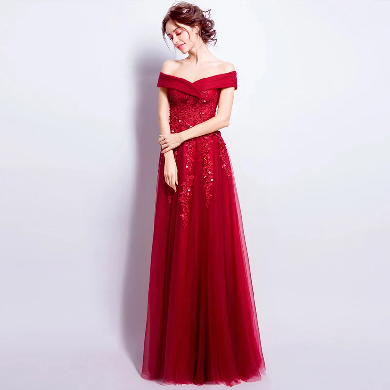 Простые кружевные аппликации красные платья подружки невесты Тюлевое свадебное платье для гостей сексуальные с открытыми плечами женские длинные вечерние платья L3112