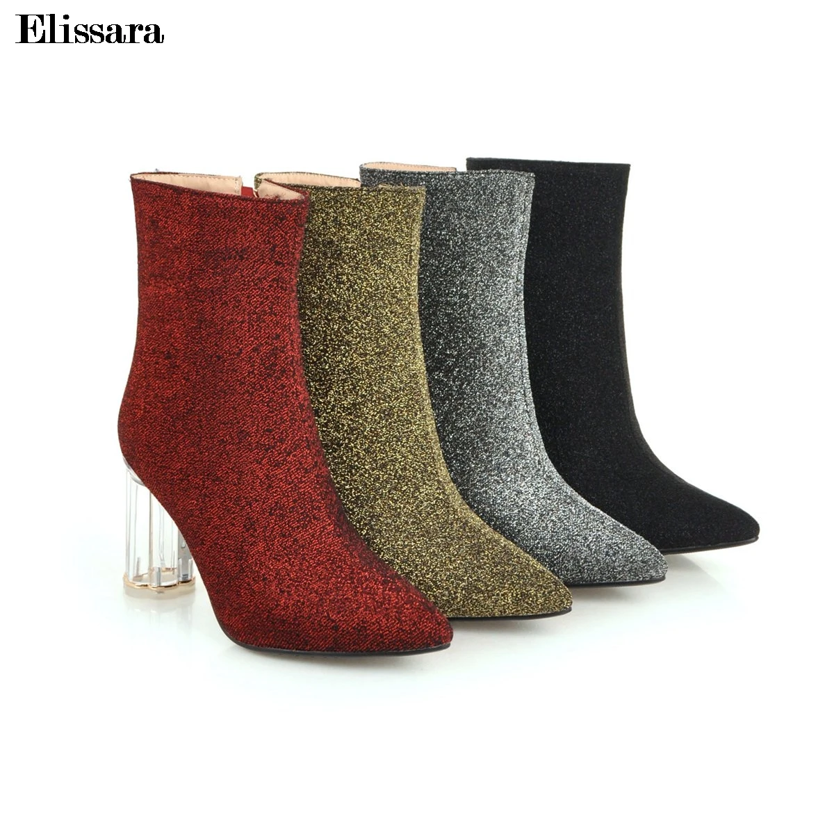 

Women Sexy High Heels Ankle Boots Shoes for Woman Glitter Zip Pointed Toe Party Wedding Ankle Boots Shoes Size 33-43 Elissara