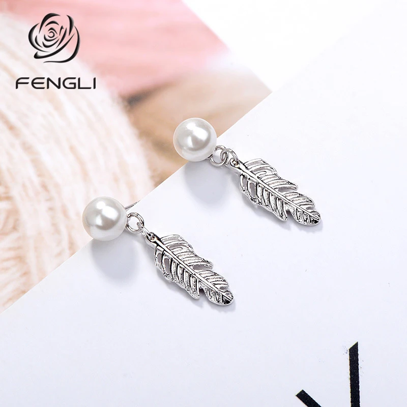 

Leaf Silver Short Drop Earring Pearl Round Trendy Simple Plant for Women Korean Style Popular Gift Wholesale