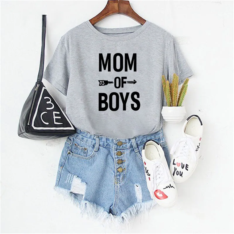 

LUSLOS 3Color Mom of Boys Female T Shirt Women Summer Short Sleeve Letter Print Mothers Plus Size Tshirt Casual Soft T-shirts