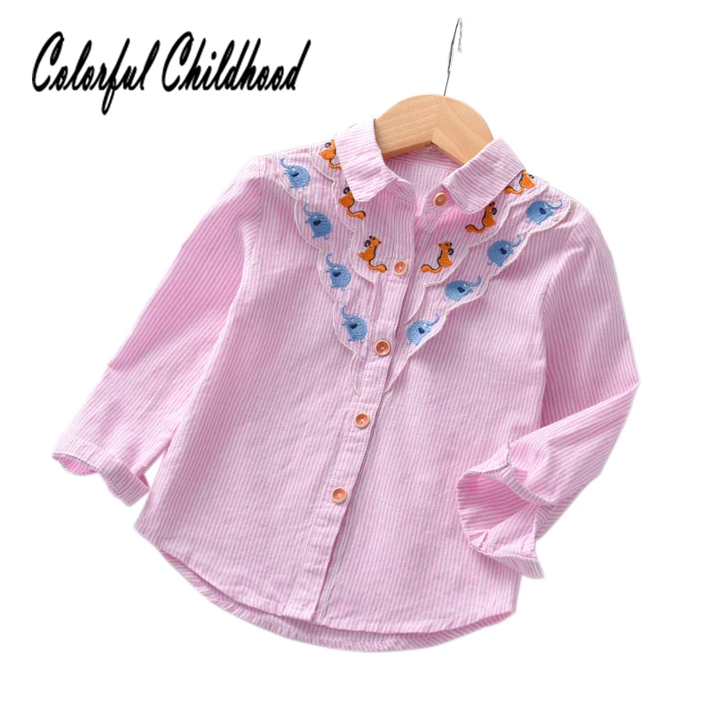 

School girls blouse autumn winter cotton long sleeve stripe shirt for girls ruffles lace tops children clothes