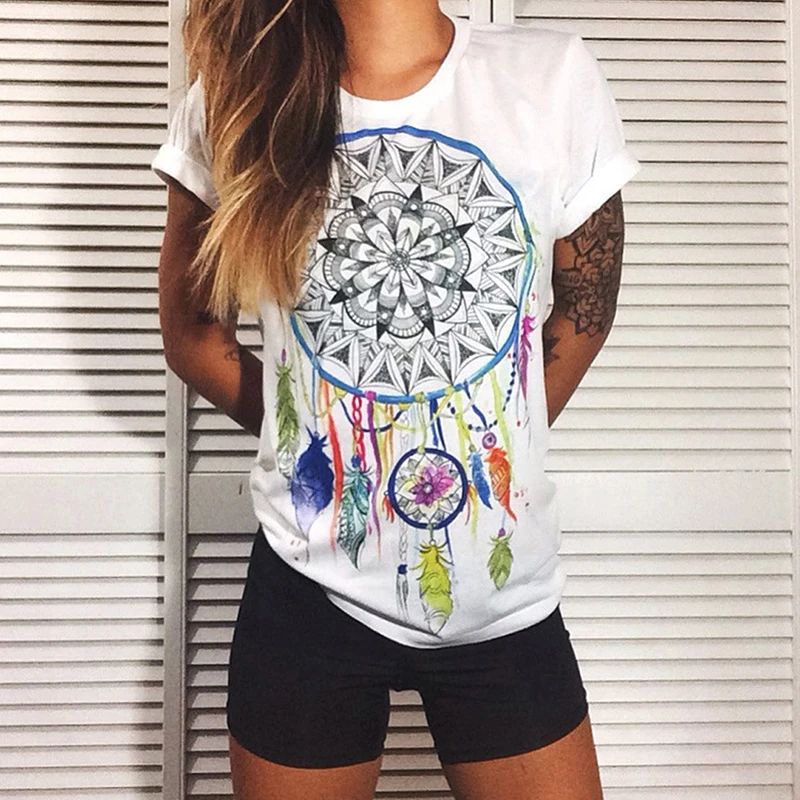 

Newest S-2XL Fashion Vogue Casual Summer Women Dreamcatcher Printed Cotton blend Short Sleeve T-Shirt White