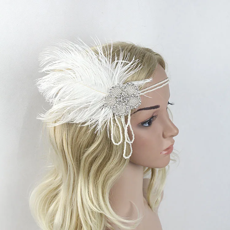 

Women Adult White Pearl Beading Diamond 1920s Party Flapper Feather Headband Vintage Look Wedding Headpiece