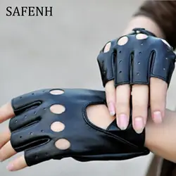 Модные Мода Очаровательная полые половины палец водительские Для женщин перчатки из искусственной кожи пальцев черные перчатки