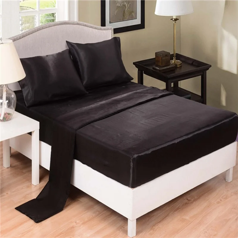 

Home Textile Satin Silk Bed Sheet Set Solid Bedding Set 3/4 Pcs Flat Sheet Fitted Sheet Pillowcase King Queen Twin Full Size