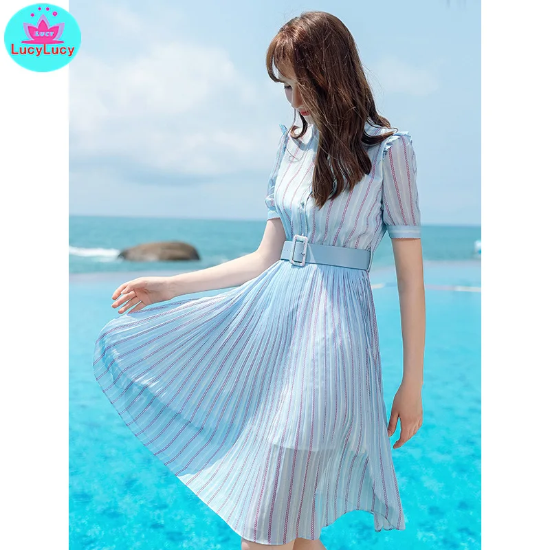 2019 summer new European and American women's   single row striped buckle print lady slim chiffon dress