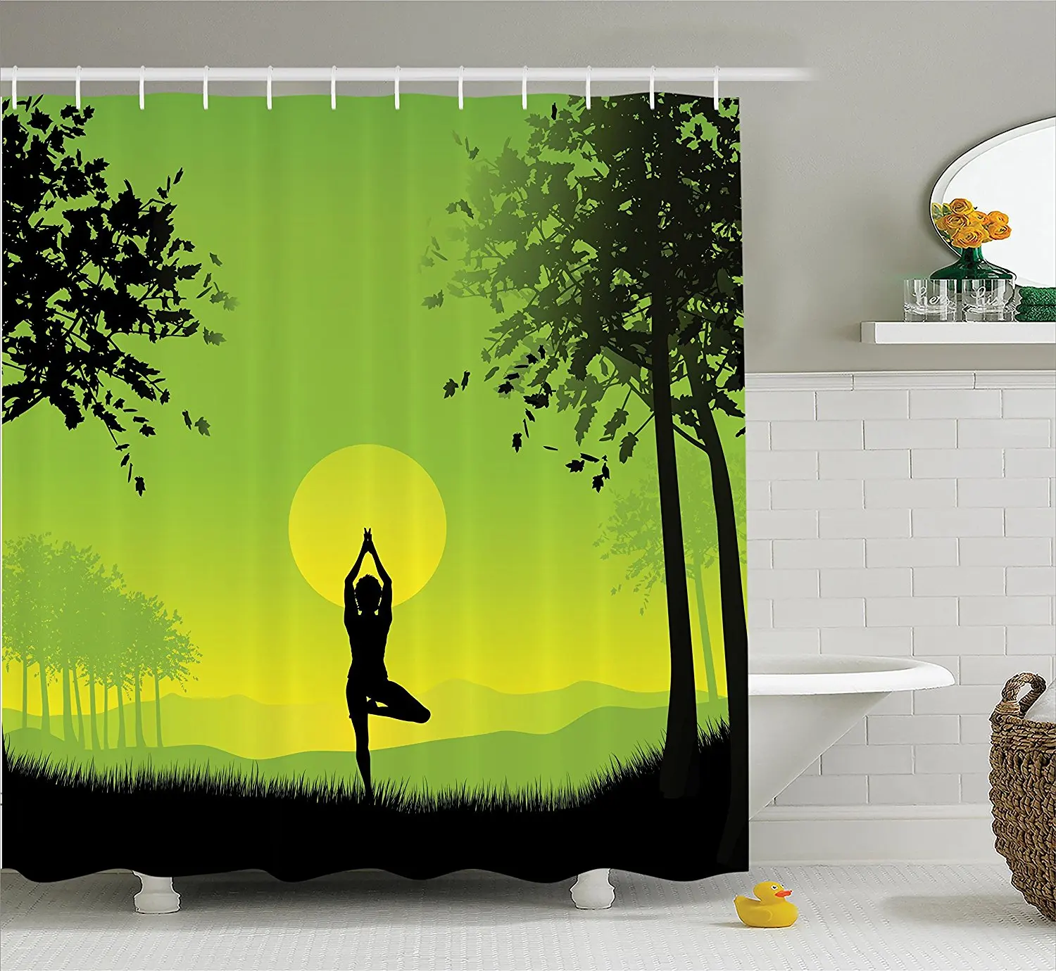 Yoga Shower Curtain Set Meditating Lady Under Sunset Sky In The Forest